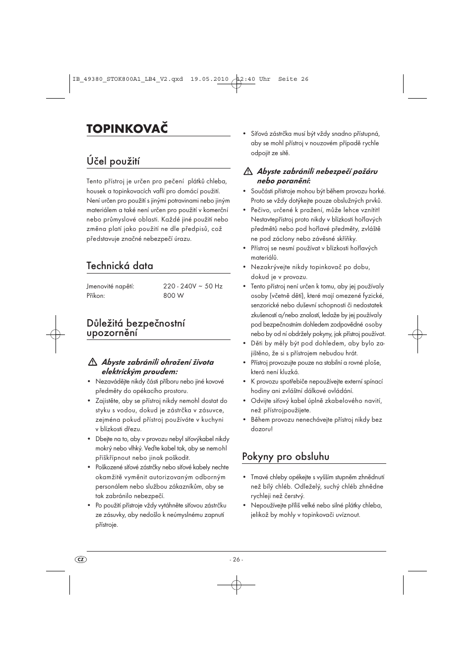 Topinkovač, Účel použití, Technická data | Důležitá bezpečnostní upozornění, Pokyny pro obsluhu | Silvercrest STOK 800 A1 User Manual | Page 28 / 50