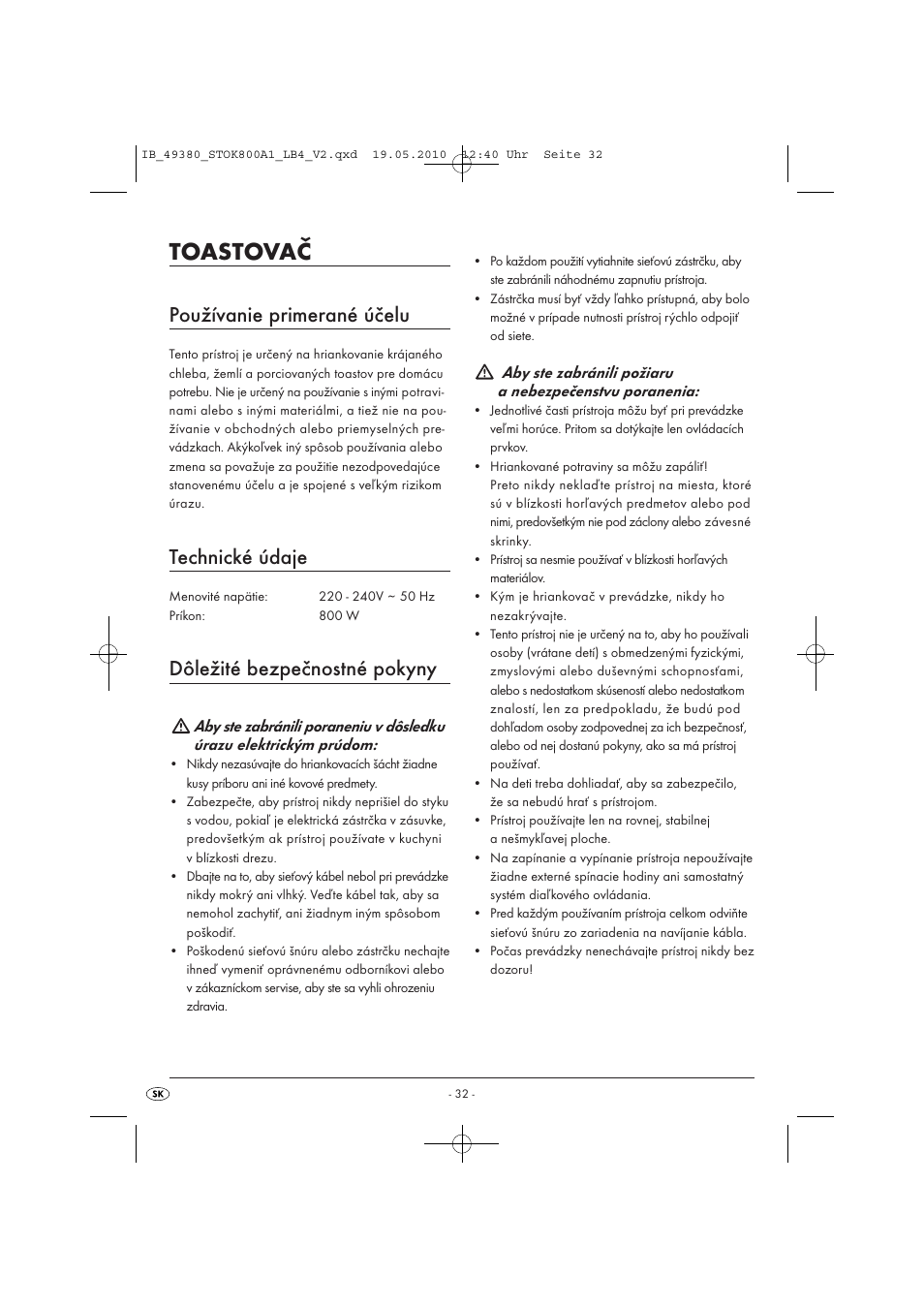 Toastovač, Používanie primerané účelu, Technické údaje | Dôležité bezpečnostné pokyny | Silvercrest STOK 800 A1 User Manual | Page 34 / 50