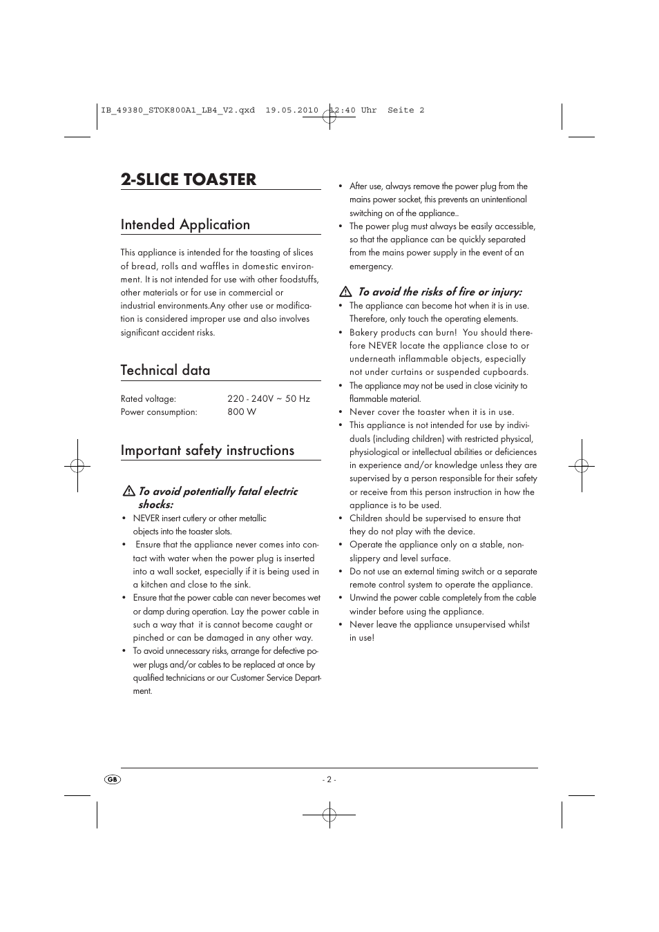 Slice toaster, Intended application, Technical data | Important safety instructions | Silvercrest STOK 800 A1 User Manual | Page 4 / 50
