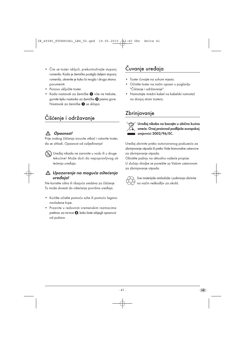 Čišćenje i održavanje, Čuvanje uređaja, Zbrinjavanje | Silvercrest STOK 800 A1 User Manual | Page 43 / 50