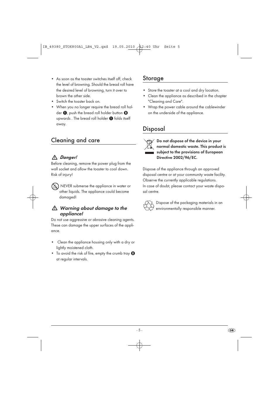 Cleaning and care, Storage, Disposal | Danger, Warning about damage to the appliance | Silvercrest STOK 800 A1 User Manual | Page 7 / 50