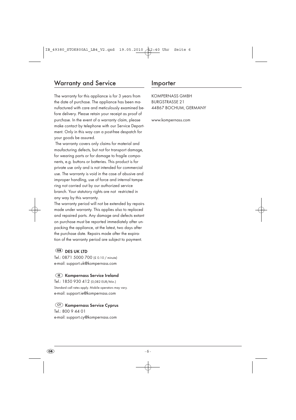Warranty and service, Importer | Silvercrest STOK 800 A1 User Manual | Page 8 / 50