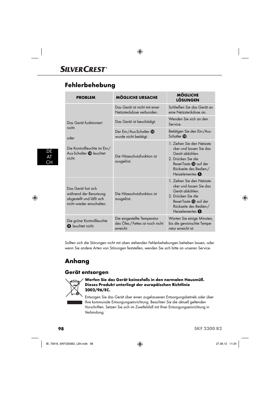 Fehlerbehebung, Anhang, Gerät entsorgen | De at ch | Silvercrest SKF 2300 B2 User Manual | Page 101 / 104