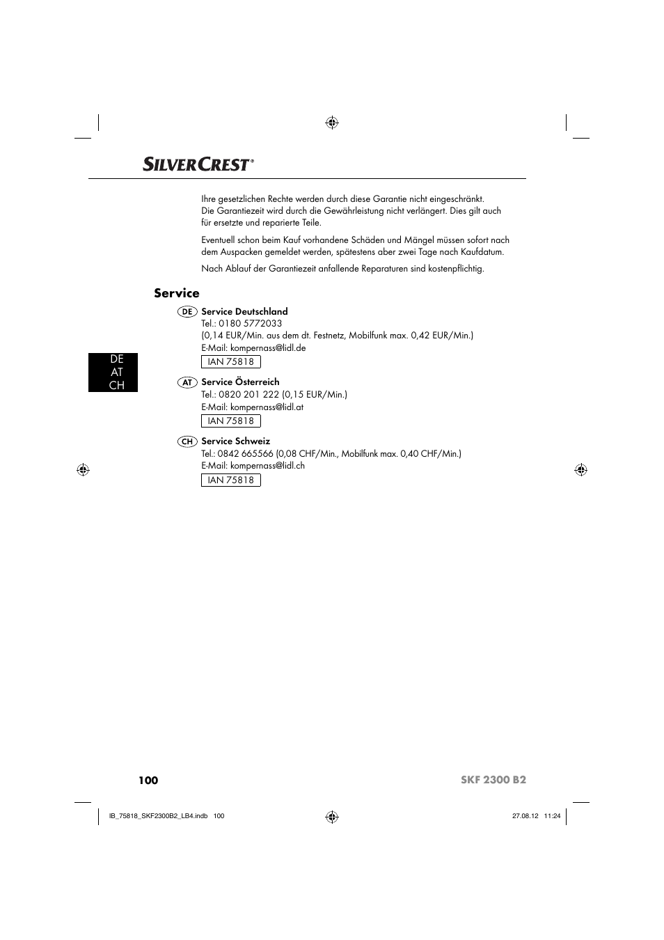 Service, De at ch | Silvercrest SKF 2300 B2 User Manual | Page 103 / 104
