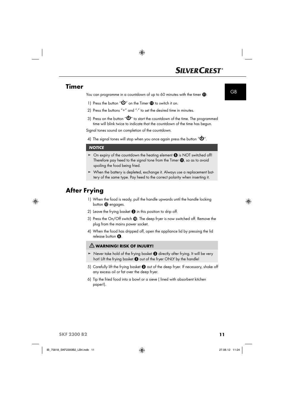Timer, After frying | Silvercrest SKF 2300 B2 User Manual | Page 14 / 104
