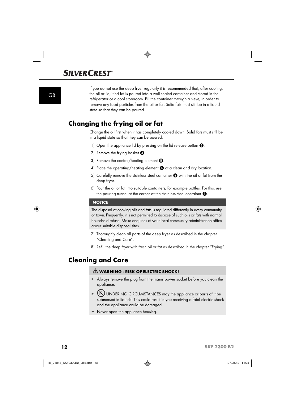 Changing the frying oil or fat, Cleaning and care | Silvercrest SKF 2300 B2 User Manual | Page 15 / 104