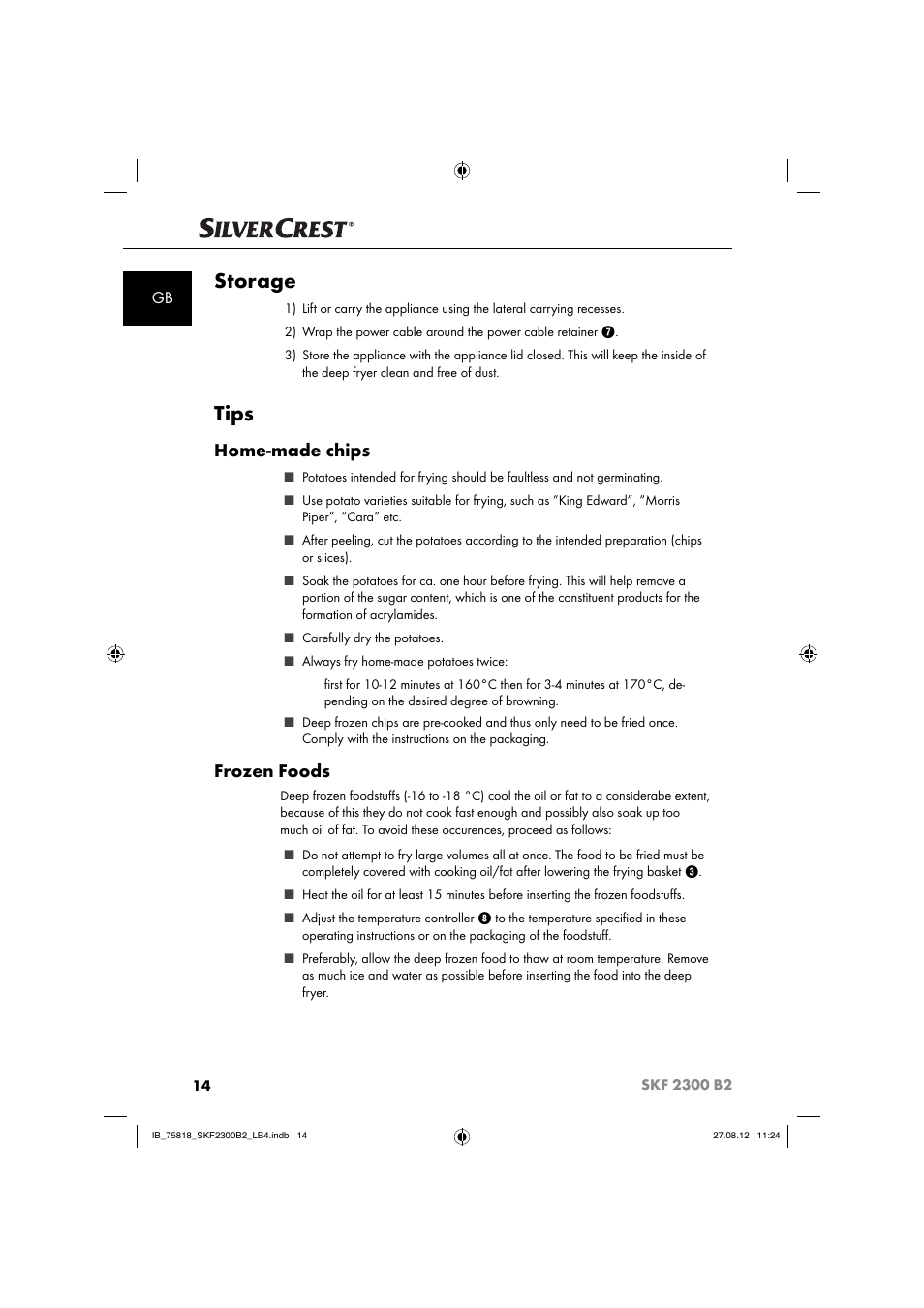 Storage, Tips, Home-made chips | Frozen foods | Silvercrest SKF 2300 B2 User Manual | Page 17 / 104