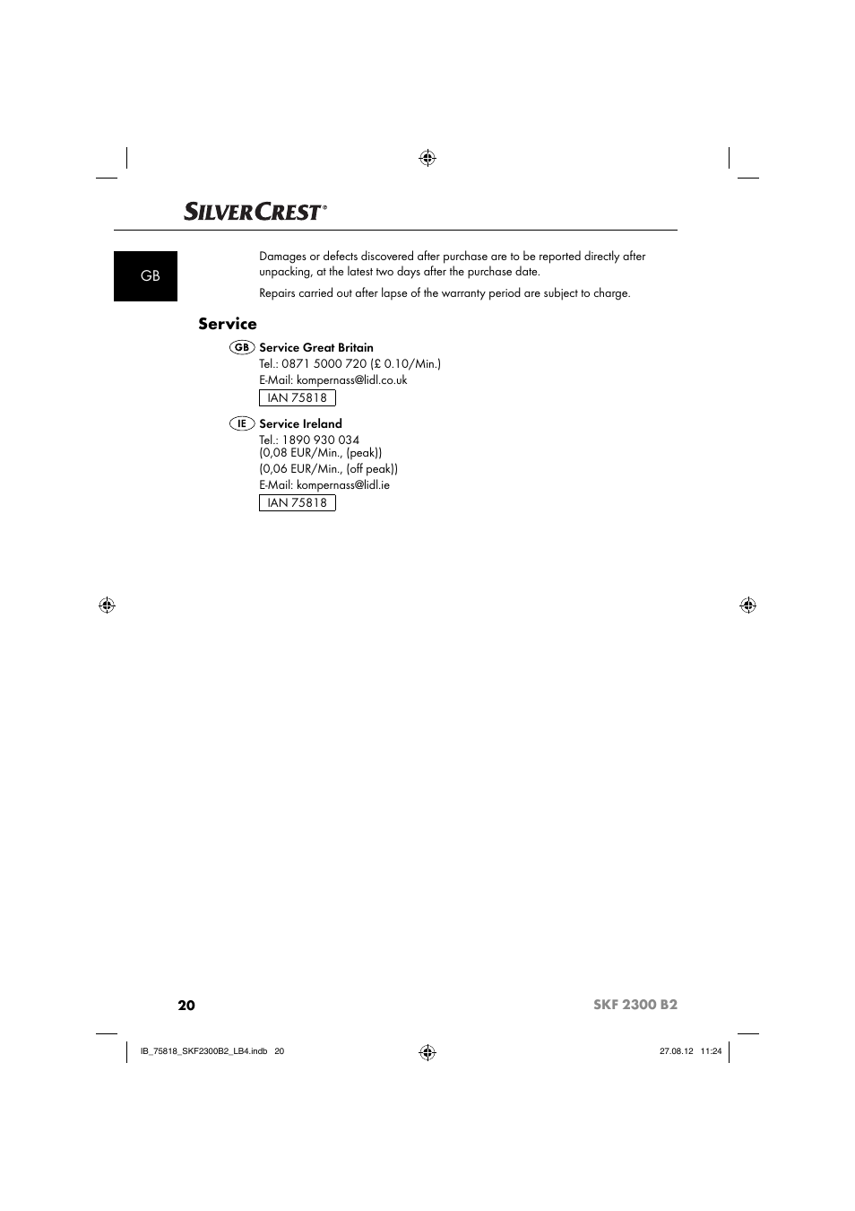 Service | Silvercrest SKF 2300 B2 User Manual | Page 23 / 104