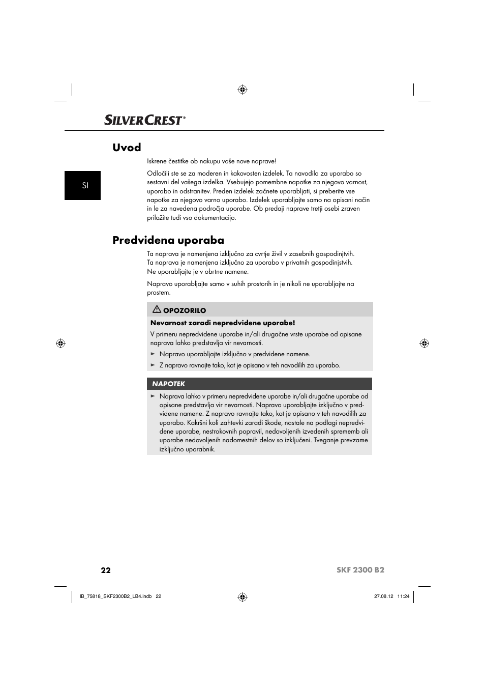 Uvod, Predvidena uporaba | Silvercrest SKF 2300 B2 User Manual | Page 25 / 104