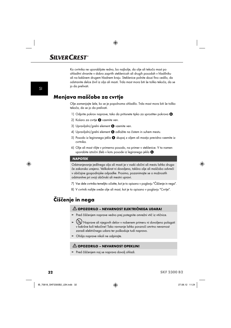 Menjava maščobe za cvrtje, Čiščenje in nega | Silvercrest SKF 2300 B2 User Manual | Page 35 / 104