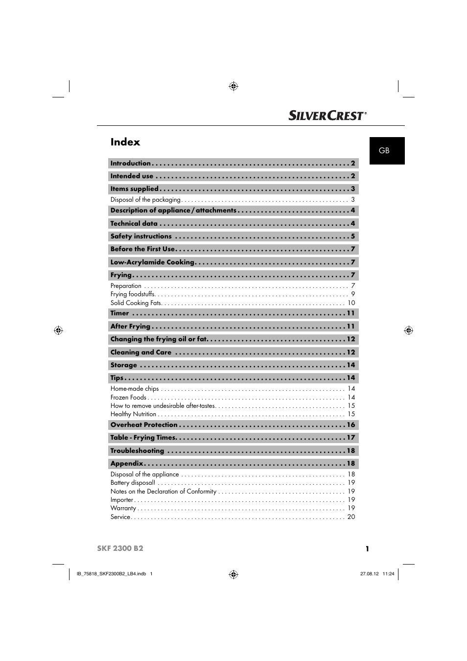 Index | Silvercrest SKF 2300 B2 User Manual | Page 4 / 104