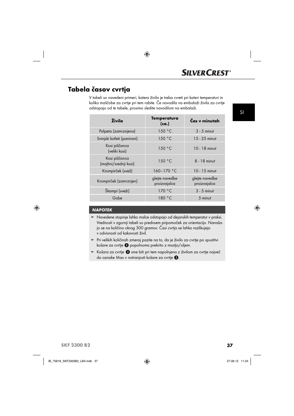 Tabela časov cvrtja | Silvercrest SKF 2300 B2 User Manual | Page 40 / 104