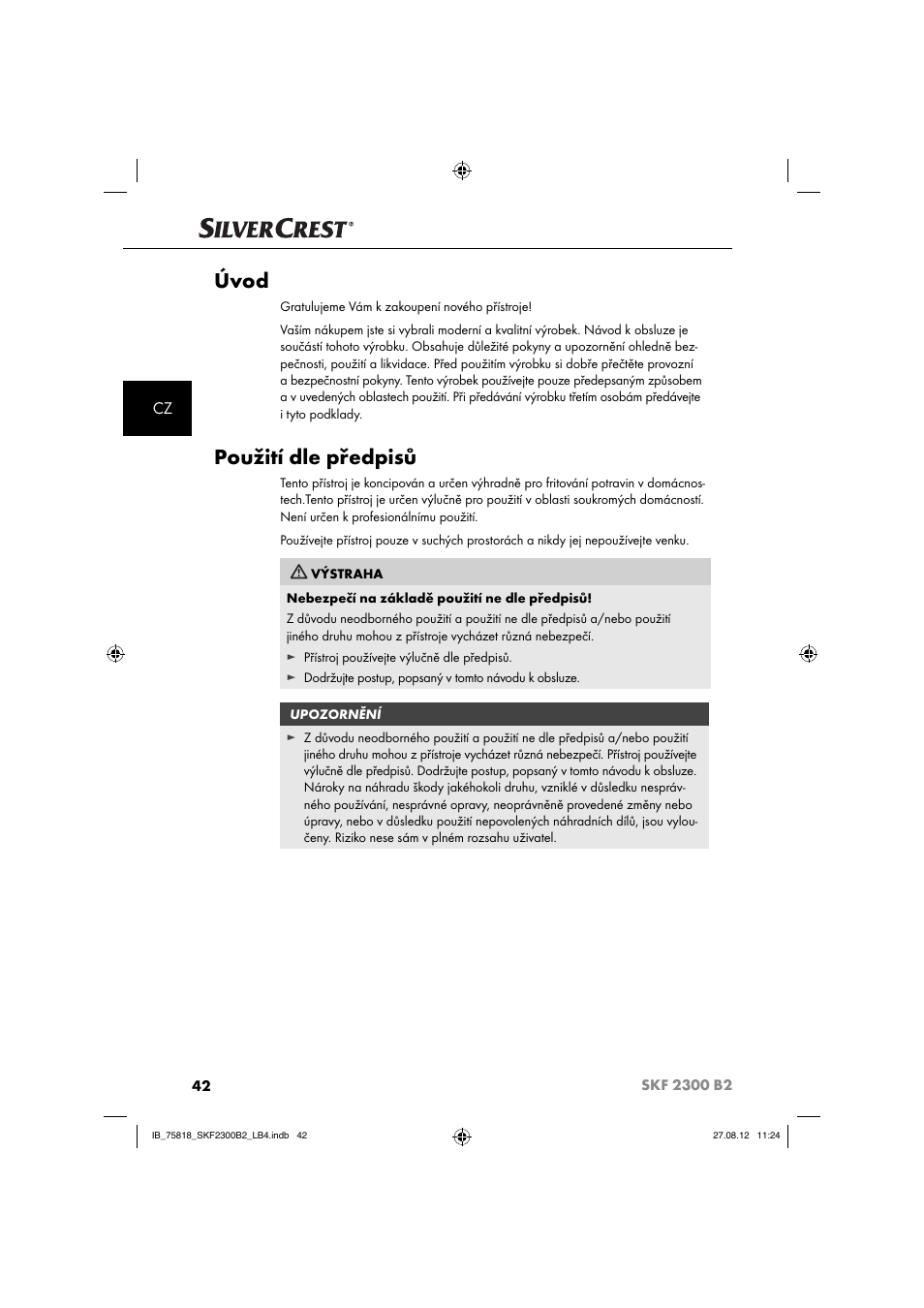 Úvod, Použití dle předpisů | Silvercrest SKF 2300 B2 User Manual | Page 45 / 104