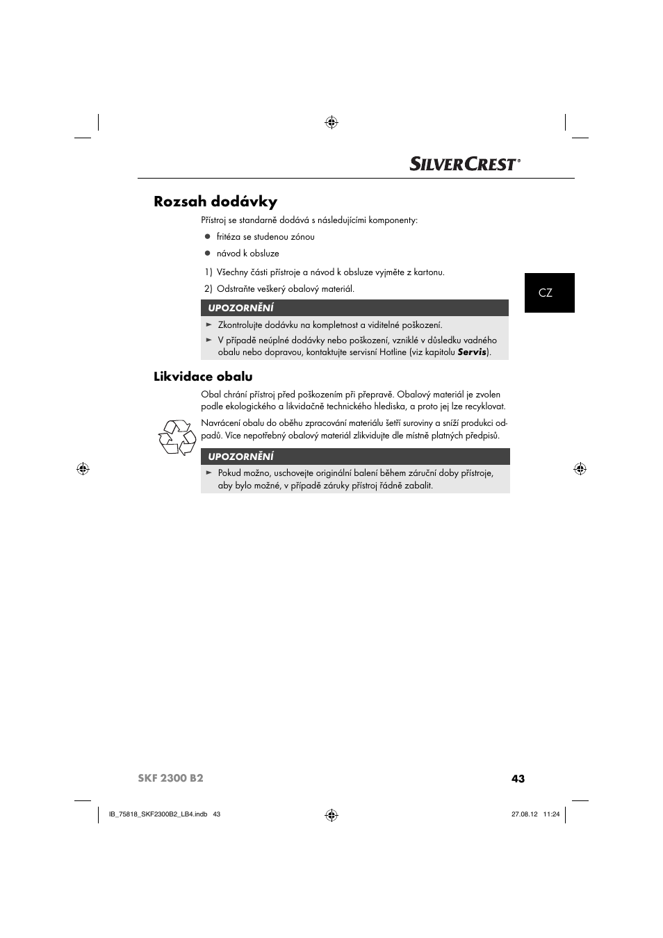 Rozsah dodávky, Likvidace obalu | Silvercrest SKF 2300 B2 User Manual | Page 46 / 104