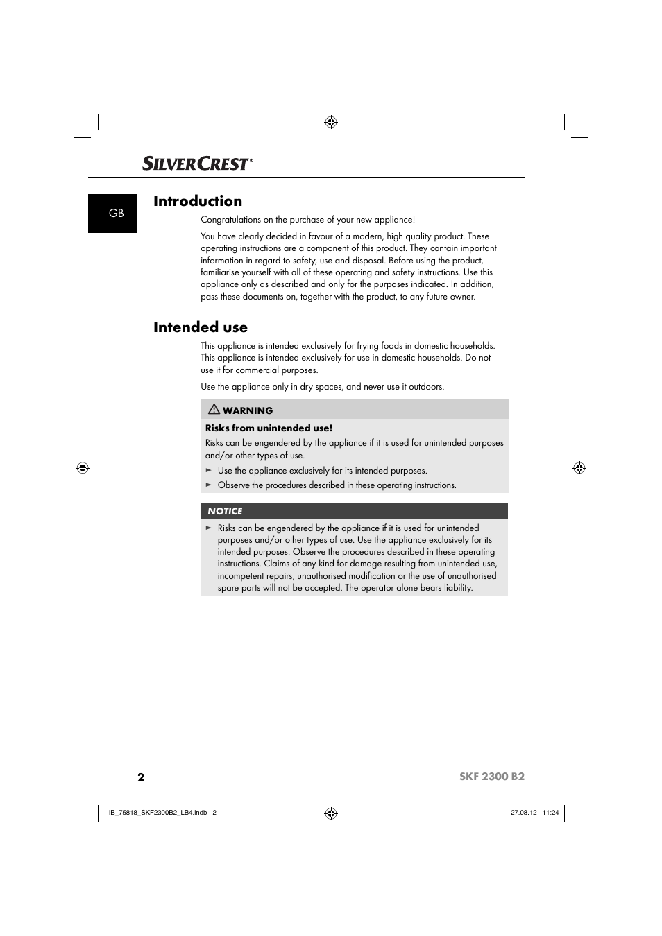 Introduction, Intended use | Silvercrest SKF 2300 B2 User Manual | Page 5 / 104