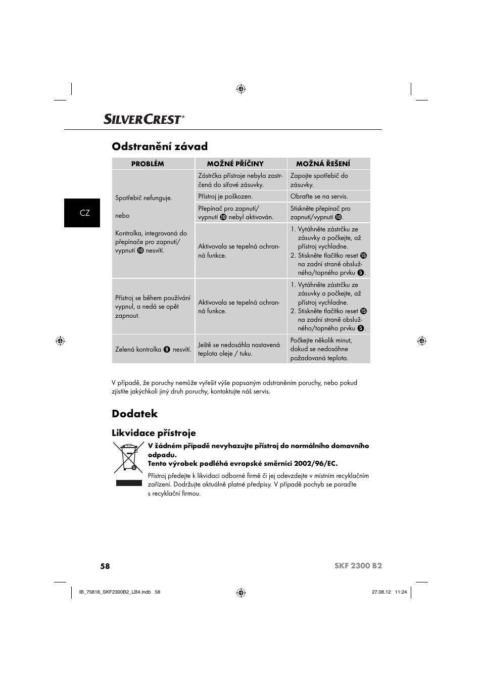 Odstranění závad, Dodatek, Likvidace přístroje | Silvercrest SKF 2300 B2 User Manual | Page 61 / 104