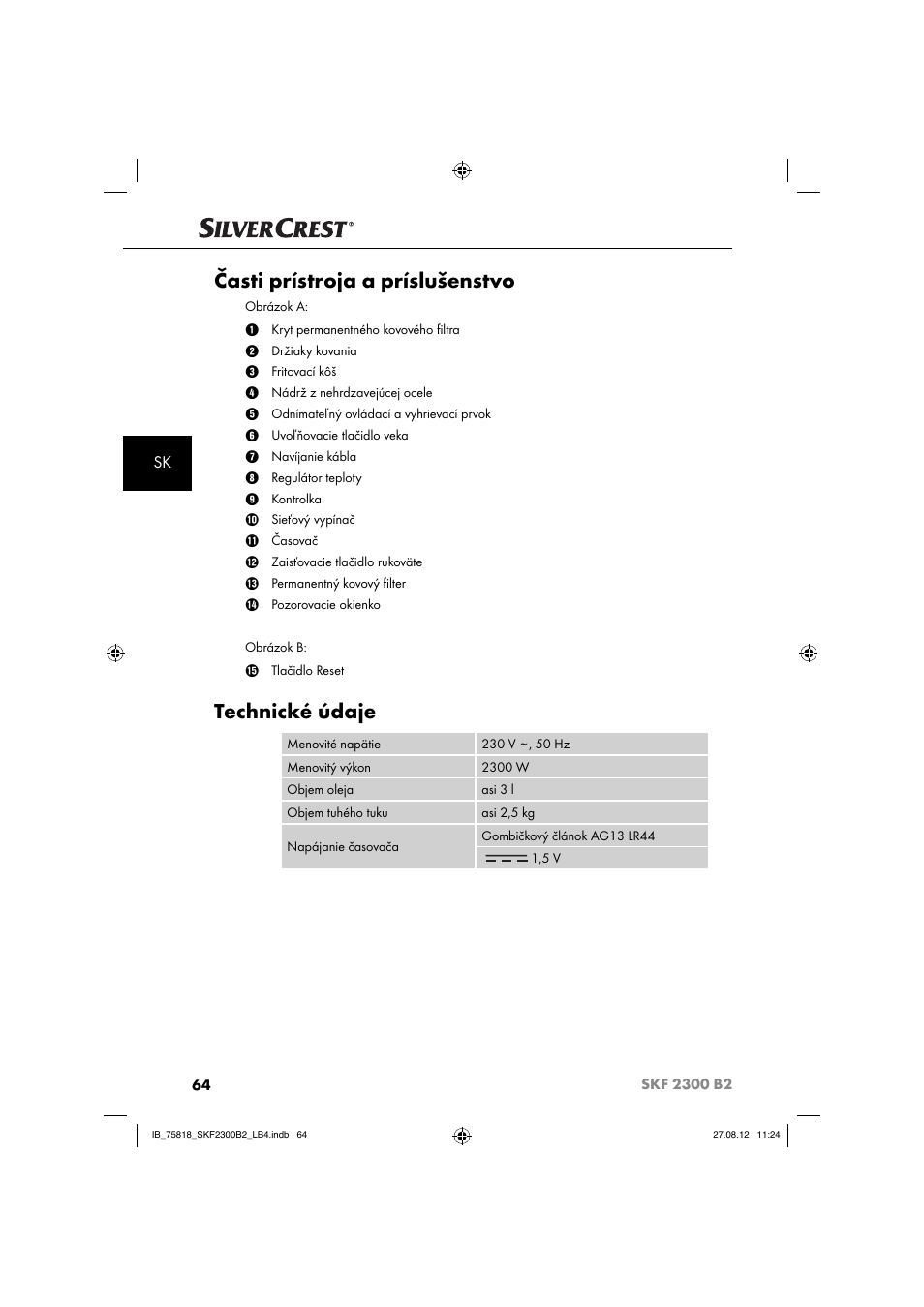 Časti prístroja a príslušenstvo, Technické údaje | Silvercrest SKF 2300 B2 User Manual | Page 67 / 104
