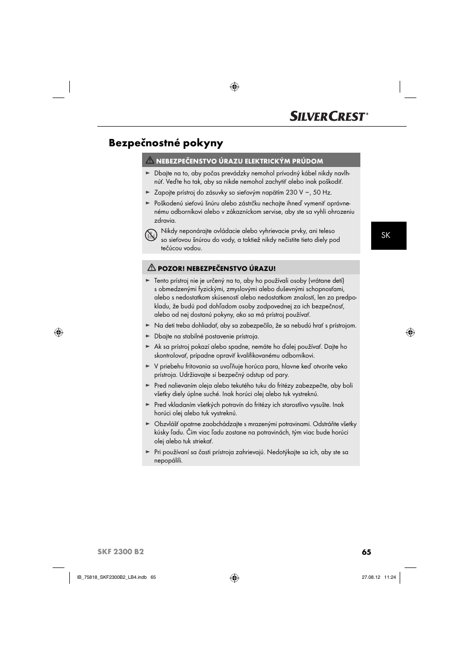 Bezpečnostné pokyny | Silvercrest SKF 2300 B2 User Manual | Page 68 / 104