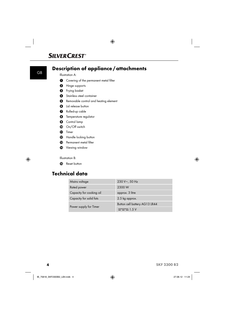 Description of appliance / attachments, Technical data | Silvercrest SKF 2300 B2 User Manual | Page 7 / 104