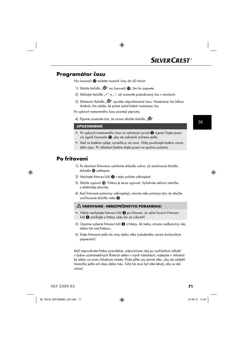 Programátor času, Po fritovaní | Silvercrest SKF 2300 B2 User Manual | Page 74 / 104