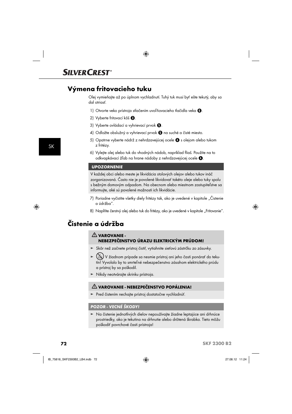 Výmena fritovacieho tuku, Čistenie a údržba | Silvercrest SKF 2300 B2 User Manual | Page 75 / 104