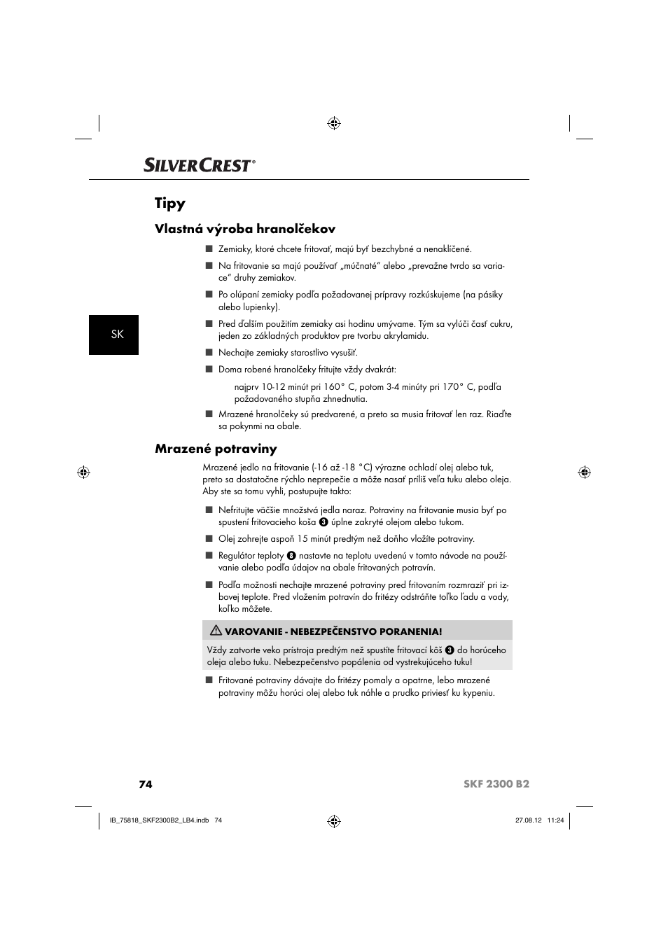 Tipy, Vlastná výroba hranolčekov, Mrazené potraviny | Silvercrest SKF 2300 B2 User Manual | Page 77 / 104