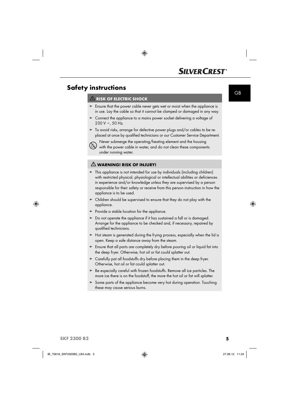 Safety instructions | Silvercrest SKF 2300 B2 User Manual | Page 8 / 104