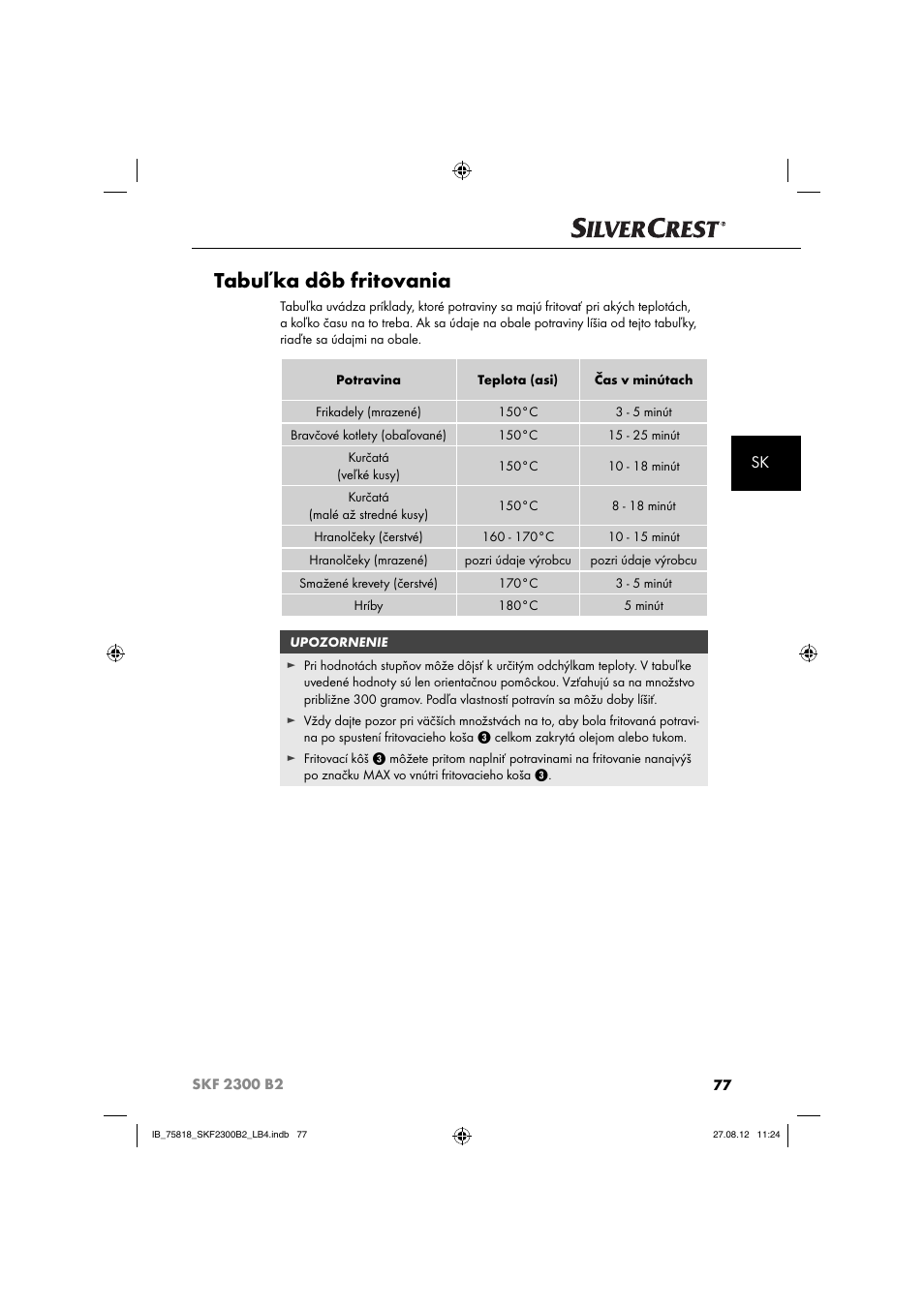 Tabuľka dôb fritovania | Silvercrest SKF 2300 B2 User Manual | Page 80 / 104