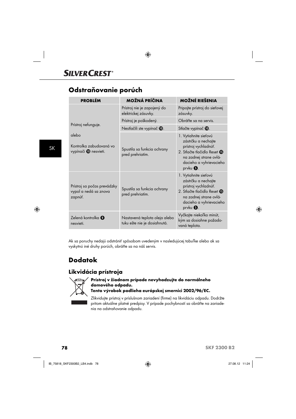 Odstraňovanie porúch, Dodatok, Likvidácia prístroja | Silvercrest SKF 2300 B2 User Manual | Page 81 / 104