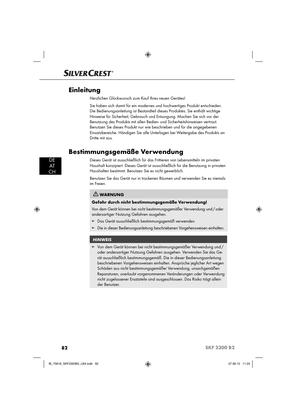 Einleitung, Bestimmungsgemäße verwendung, De at ch | Silvercrest SKF 2300 B2 User Manual | Page 85 / 104