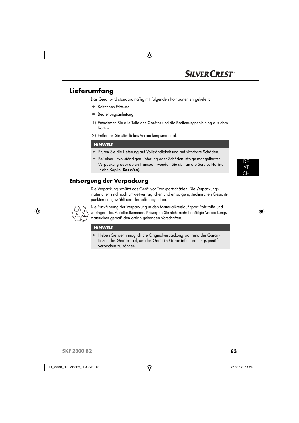 Lieferumfang, Entsorgung der verpackung, De at ch | Silvercrest SKF 2300 B2 User Manual | Page 86 / 104