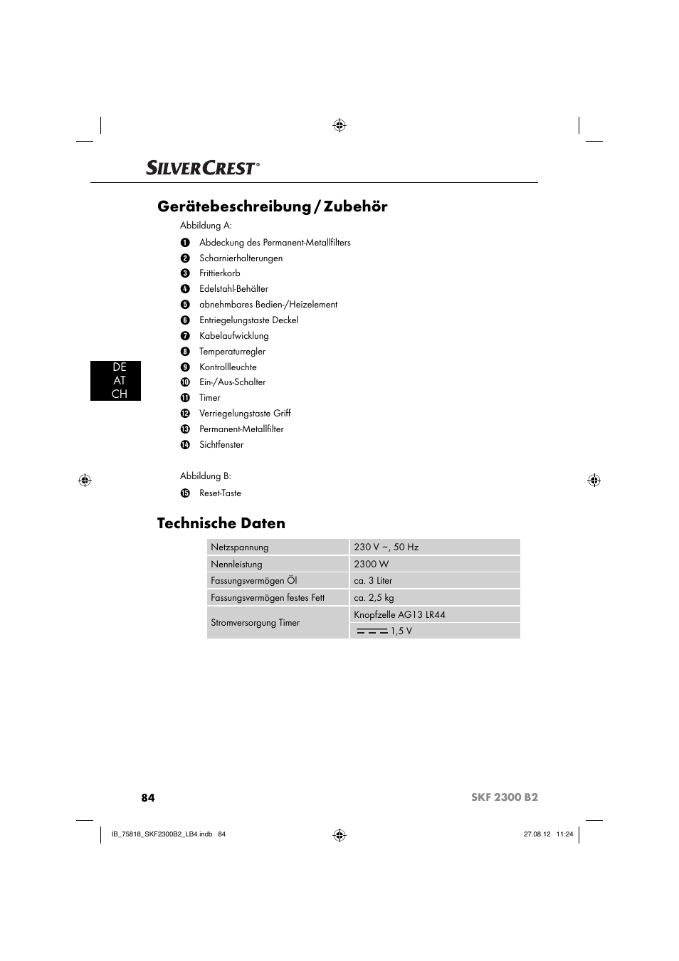 Gerätebeschreibung / zubehör, Technische daten, De at ch | Silvercrest SKF 2300 B2 User Manual | Page 87 / 104