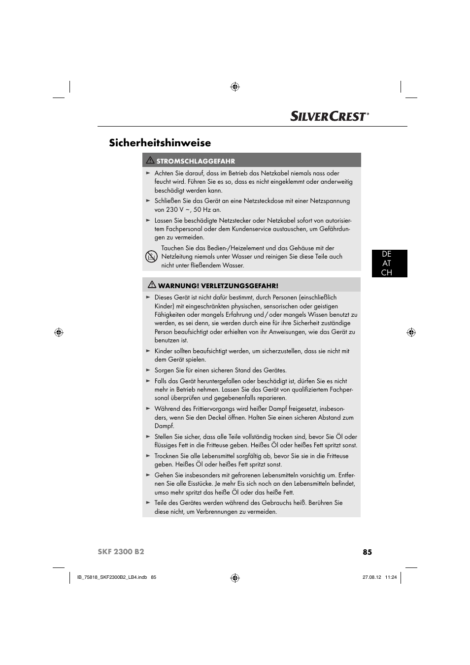 Sicherheitshinweise, De at ch | Silvercrest SKF 2300 B2 User Manual | Page 88 / 104