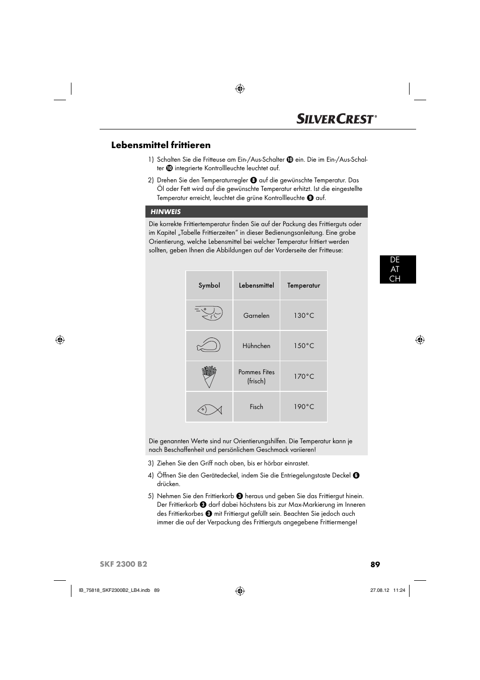 Lebensmittel frittieren, De at ch | Silvercrest SKF 2300 B2 User Manual | Page 92 / 104