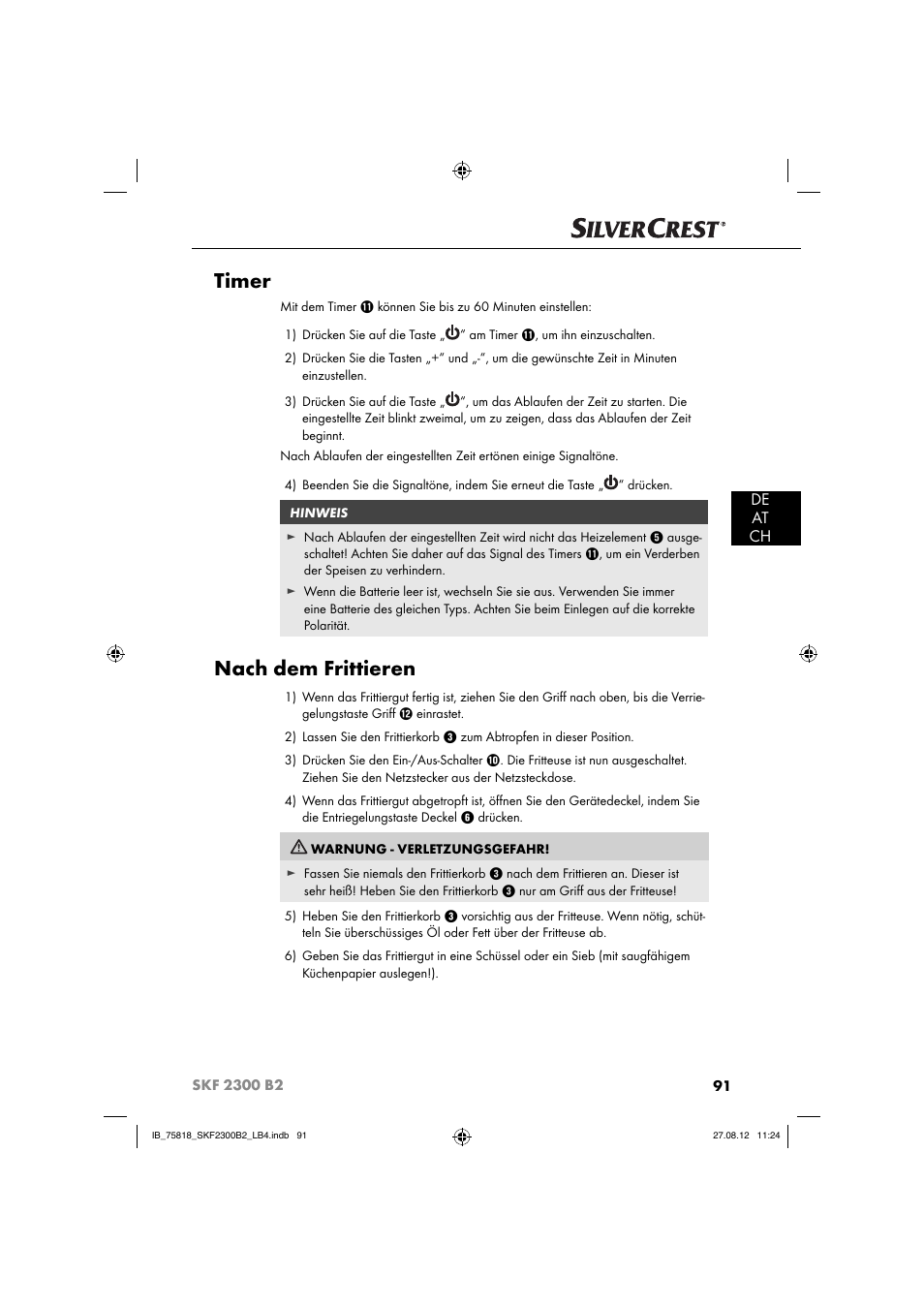 Timer, Nach dem frittieren, De at ch | Silvercrest SKF 2300 B2 User Manual | Page 94 / 104