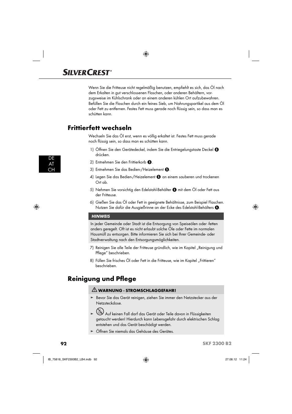 Frittierfett wechseln, Reinigung und pﬂ ege, De at ch | Silvercrest SKF 2300 B2 User Manual | Page 95 / 104