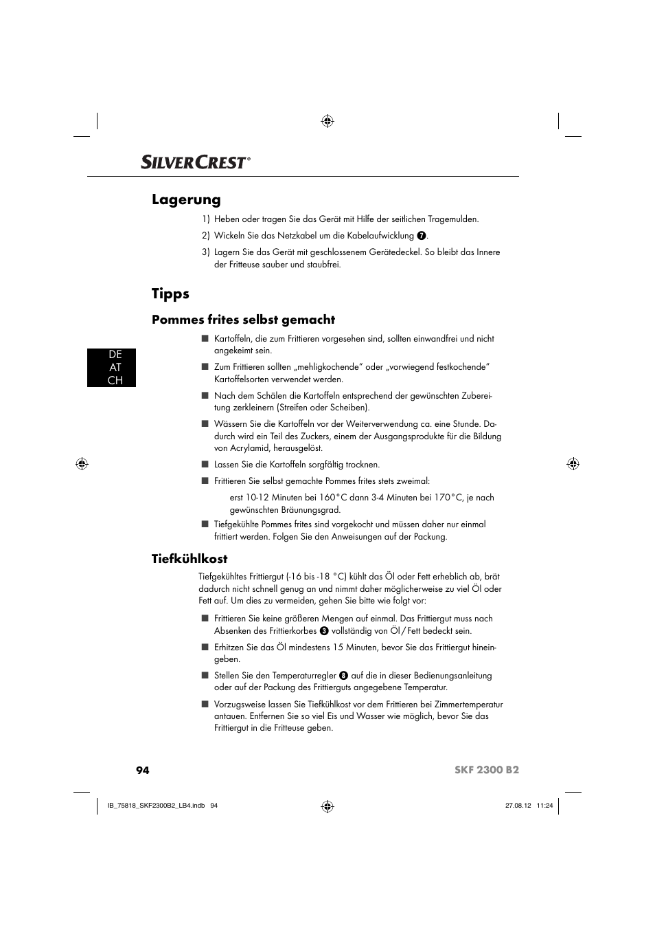 Lagerung, Tipps, Pommes frites selbst gemacht | Tiefkühlkost, De at ch | Silvercrest SKF 2300 B2 User Manual | Page 97 / 104