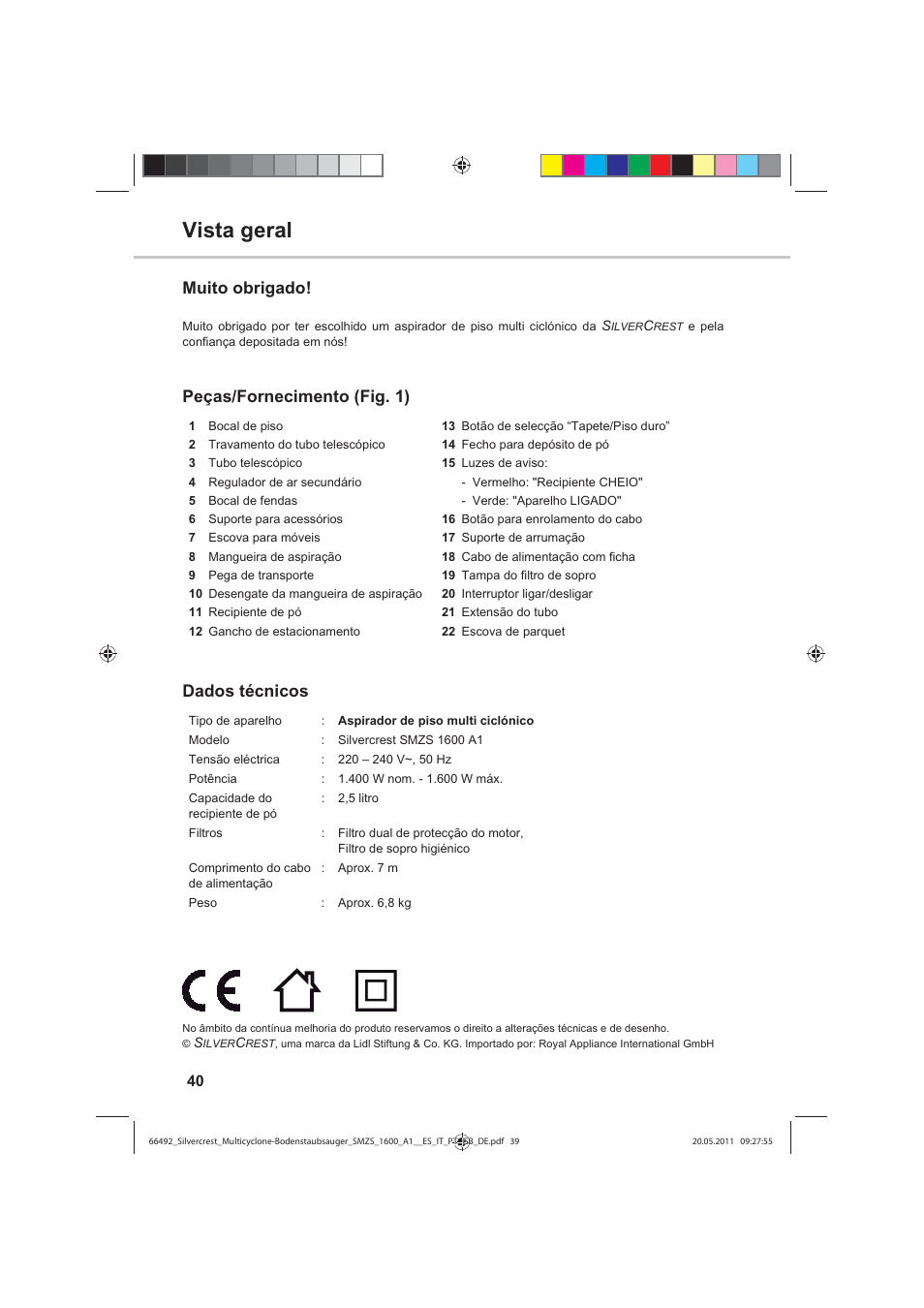 Vista geral, Muito obrigado, Peças/fornecimento (fig. 1) dados técnicos | Silvercrest SMZS 1600 A1 User Manual | Page 40 / 98