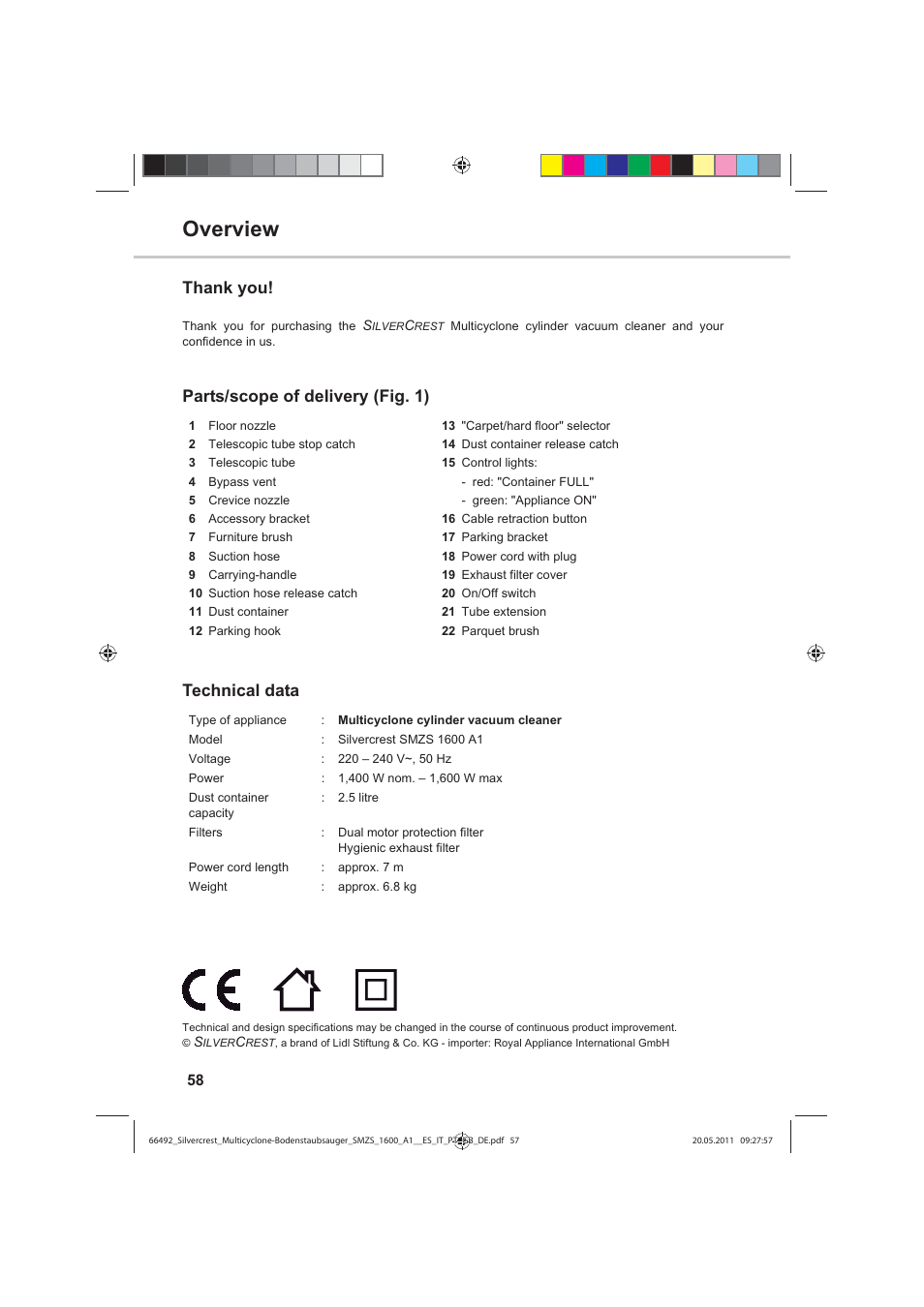 Overview, Parts/scope of delivery (fig. 1) technical data | Silvercrest SMZS 1600 A1 User Manual | Page 58 / 98