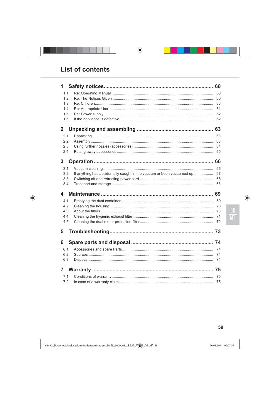 List of contents gb mt, 1safety notices, 2unpacking and assembling | 3operation, 4maintenance, 5troubleshooting 6 spare parts and disposal, 7warranty | Silvercrest SMZS 1600 A1 User Manual | Page 59 / 98