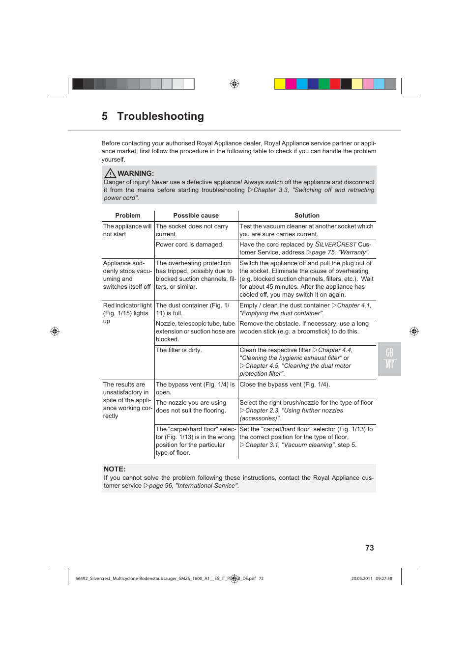 5 troubleshooting gb mt | Silvercrest SMZS 1600 A1 User Manual | Page 73 / 98