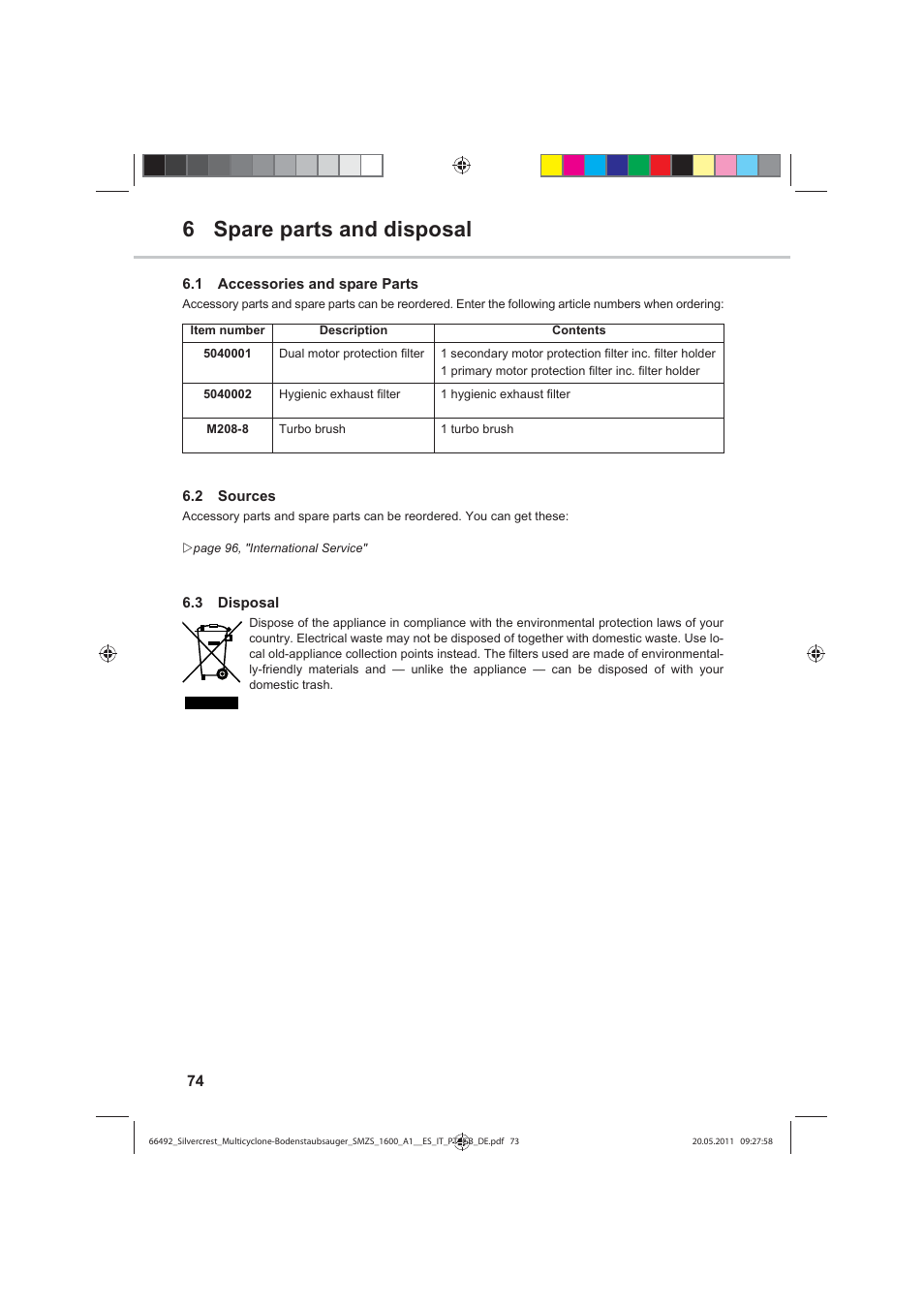 6 spare parts and disposal | Silvercrest SMZS 1600 A1 User Manual | Page 74 / 98