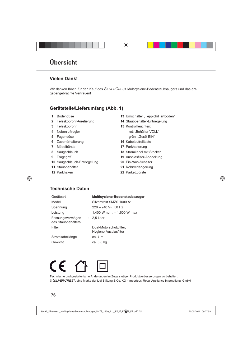 Übersicht, Vielen dank, Geräteteile/lieferumfang (abb. 1) technische daten | Silvercrest SMZS 1600 A1 User Manual | Page 76 / 98