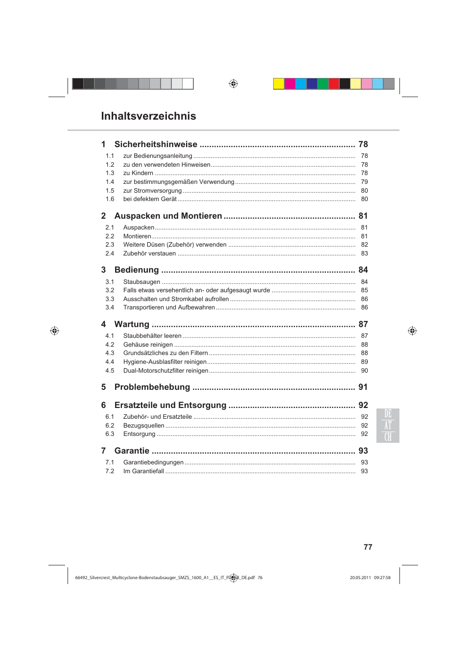 Inhaltsverzeichnis de ch at, 1sicherheitshinweise, 2auspacken und montieren | 3bedienung, 4wartung, 5problembehebung 6 ersatzteile und entsorgung, 7garantie | Silvercrest SMZS 1600 A1 User Manual | Page 77 / 98