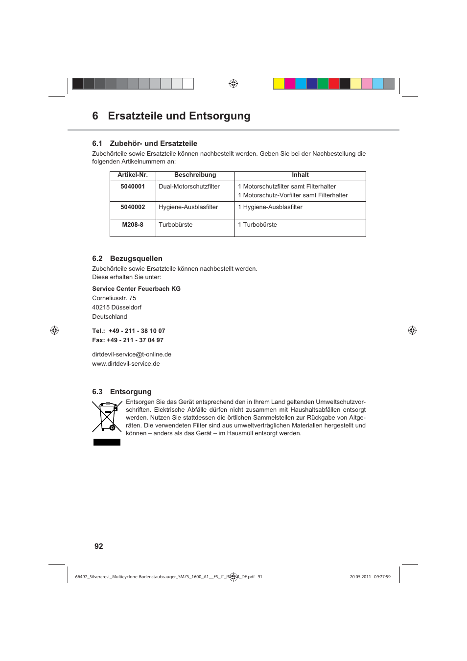 6 ersatzteile und entsorgung | Silvercrest SMZS 1600 A1 User Manual | Page 92 / 98