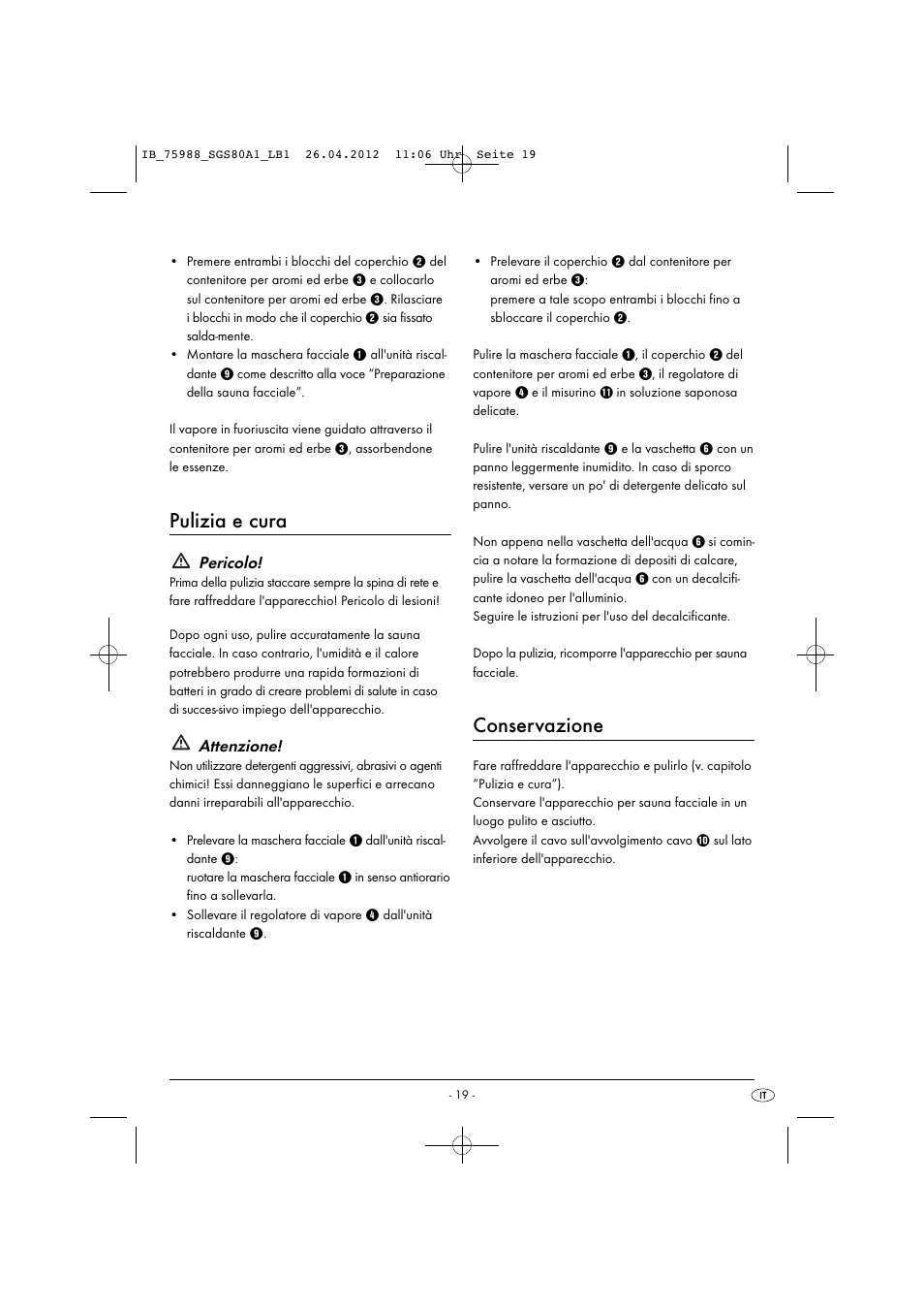 Pulizia e cura, Conservazione, Pericolo | Attenzione | Silvercrest SGS 80 A1 User Manual | Page 21 / 28