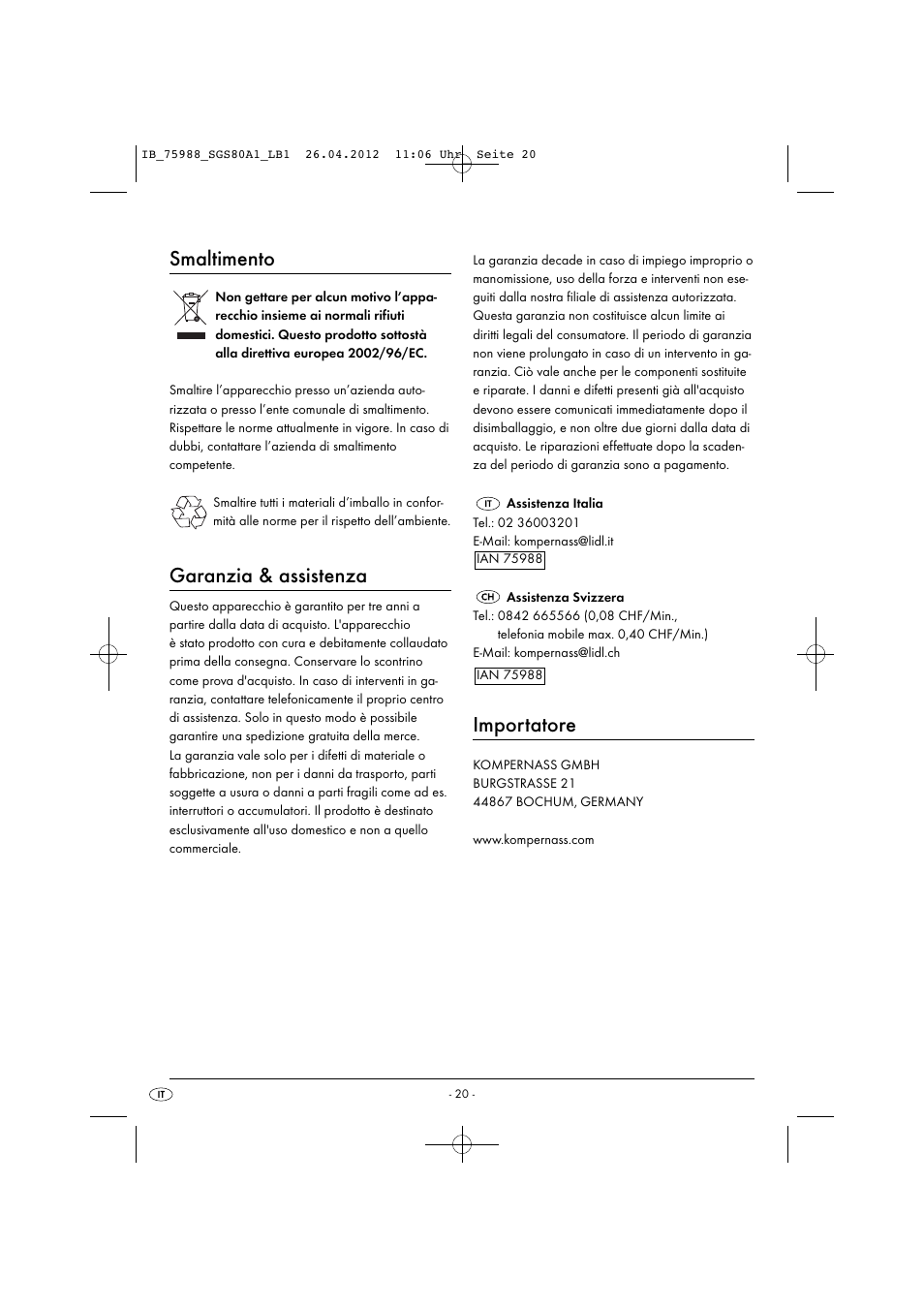 Smaltimento, Garanzia & assistenza, Importatore | Silvercrest SGS 80 A1 User Manual | Page 22 / 28