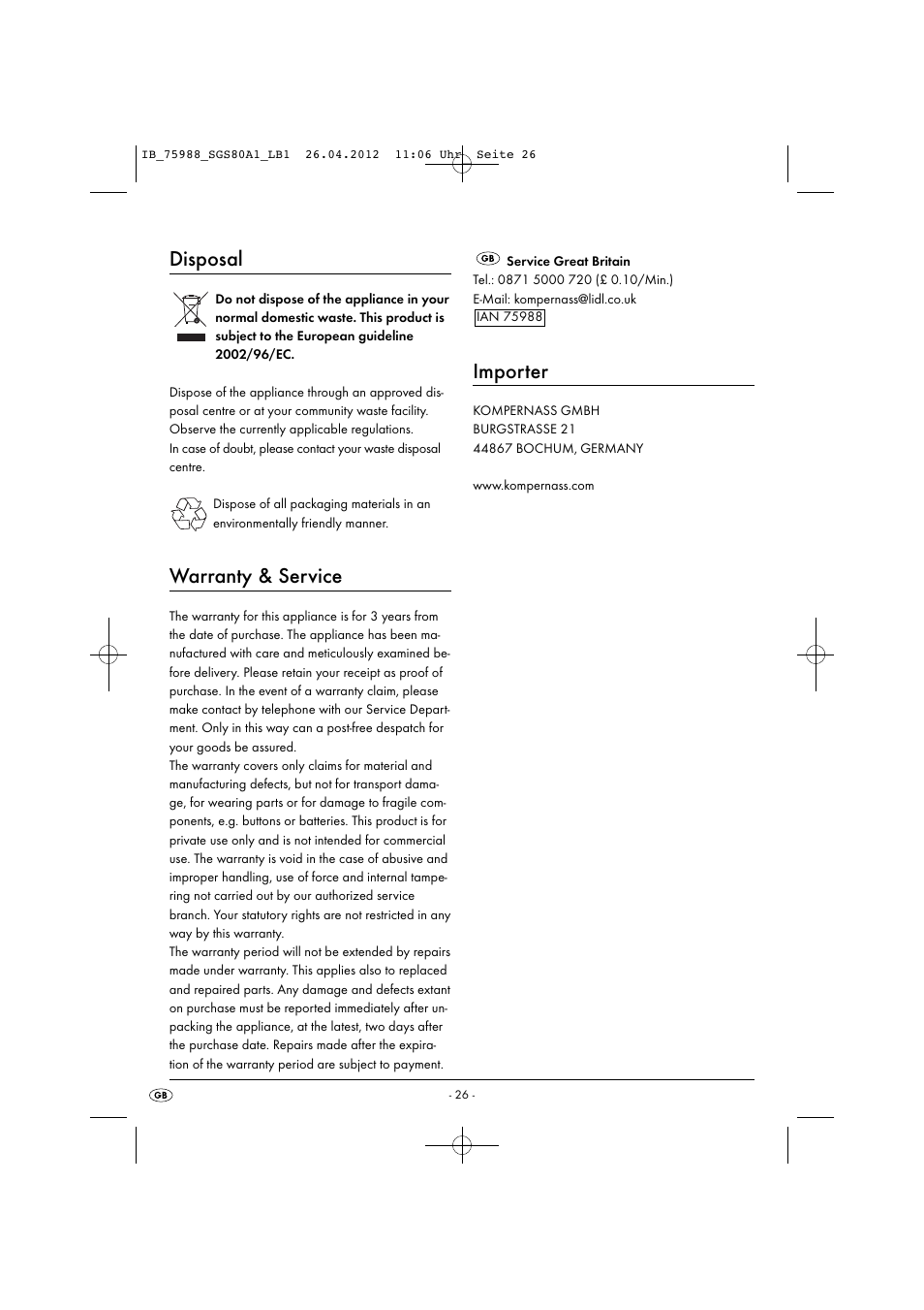 Disposal, Warranty & service, Importer | Silvercrest SGS 80 A1 User Manual | Page 28 / 28