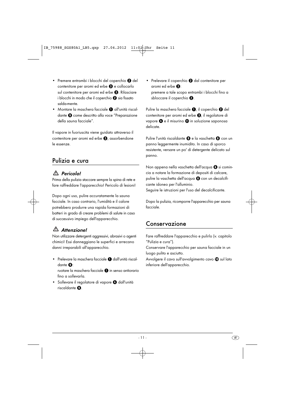 Pulizia e cura, Conservazione, Pericolo | Attenzione | Silvercrest SGS 80 A1 User Manual | Page 13 / 33