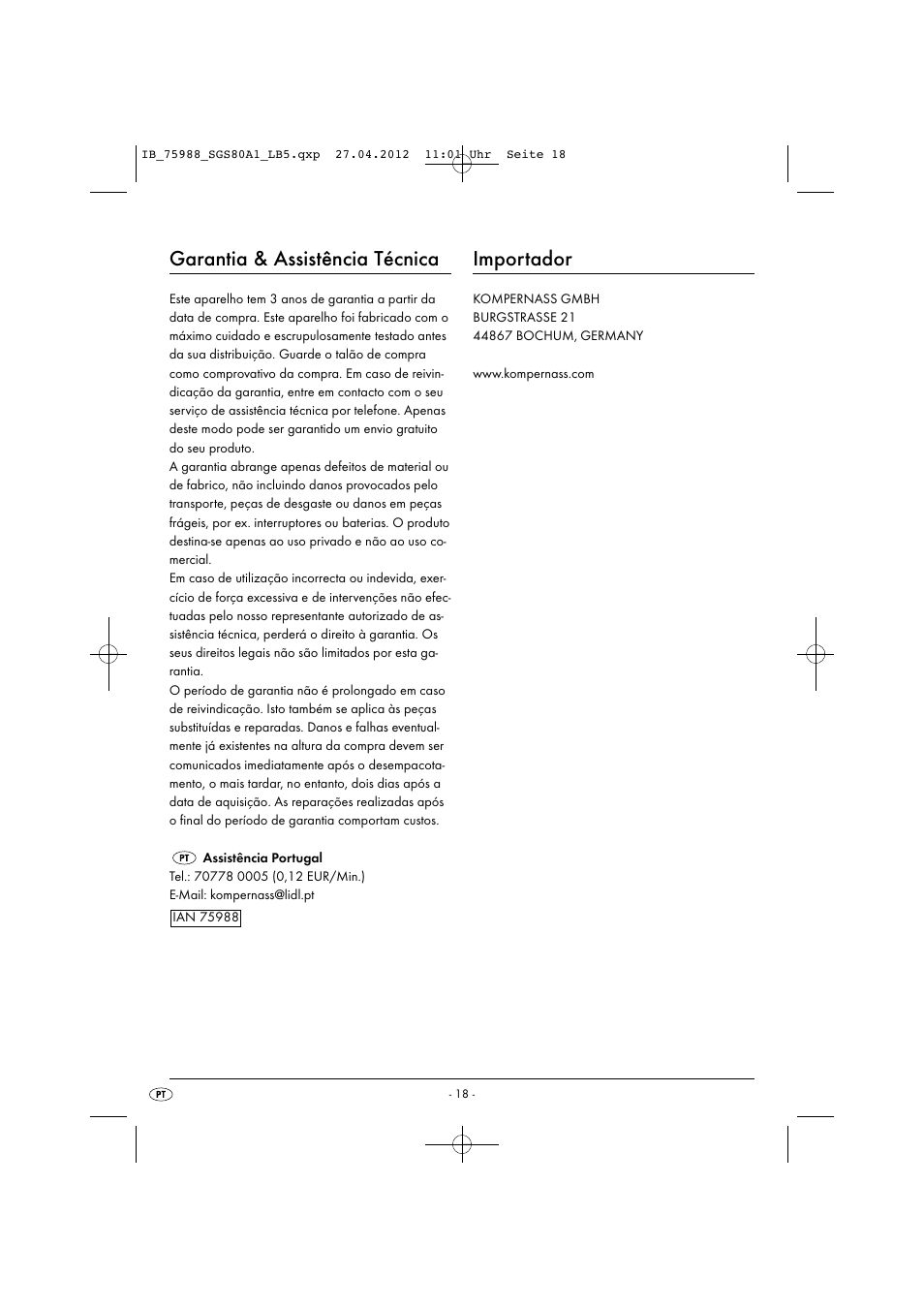 Garantia & assistência técnica, Importador | Silvercrest SGS 80 A1 User Manual | Page 20 / 33